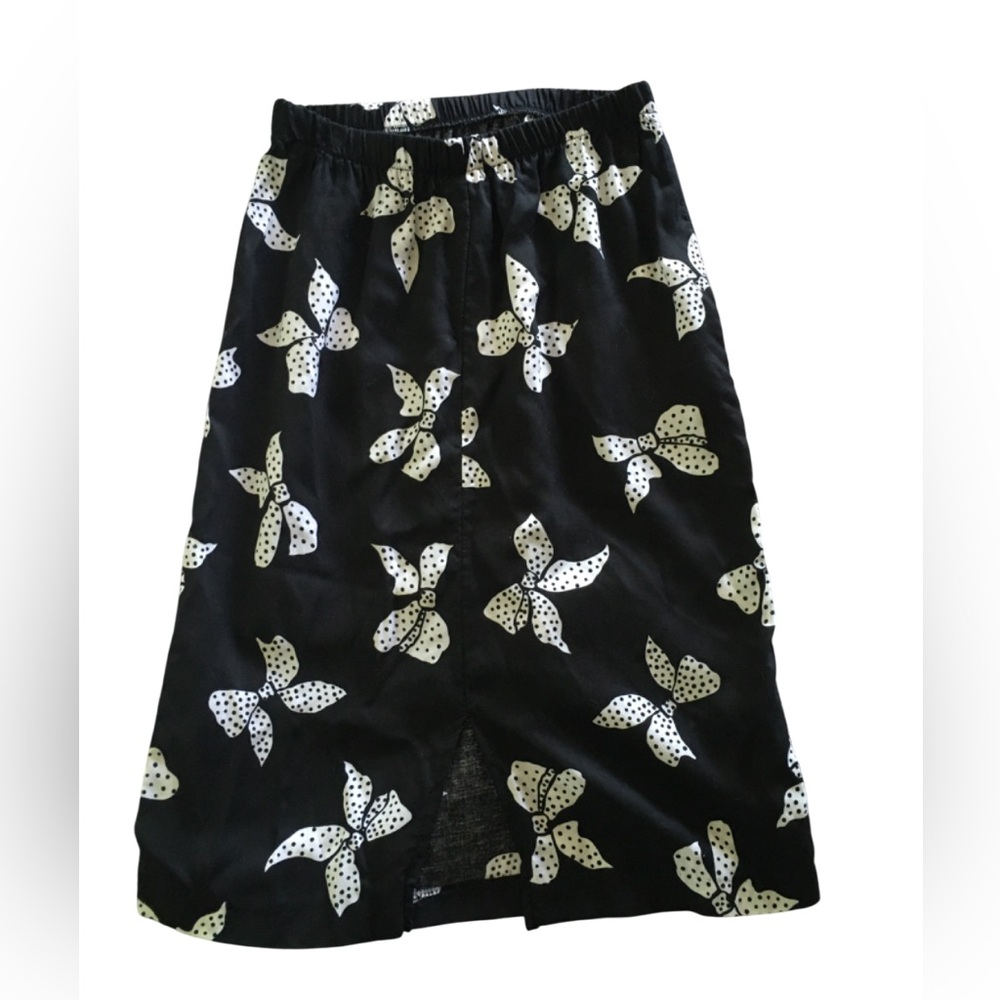 Vintage Polkadot Skirt 80s Black and White Bows Elastic Waist XS S